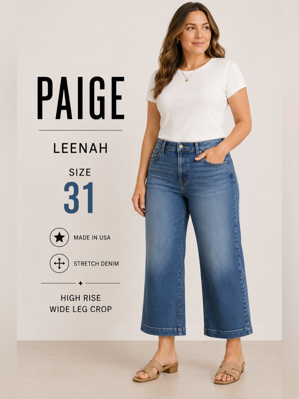 Paige Leenah High Rise Cropped Wide Leg Jeans Size 31 Blue Stretch Denim